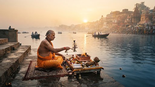 Vedic priest performing holy ritual at sunrise during Kumbh Mela